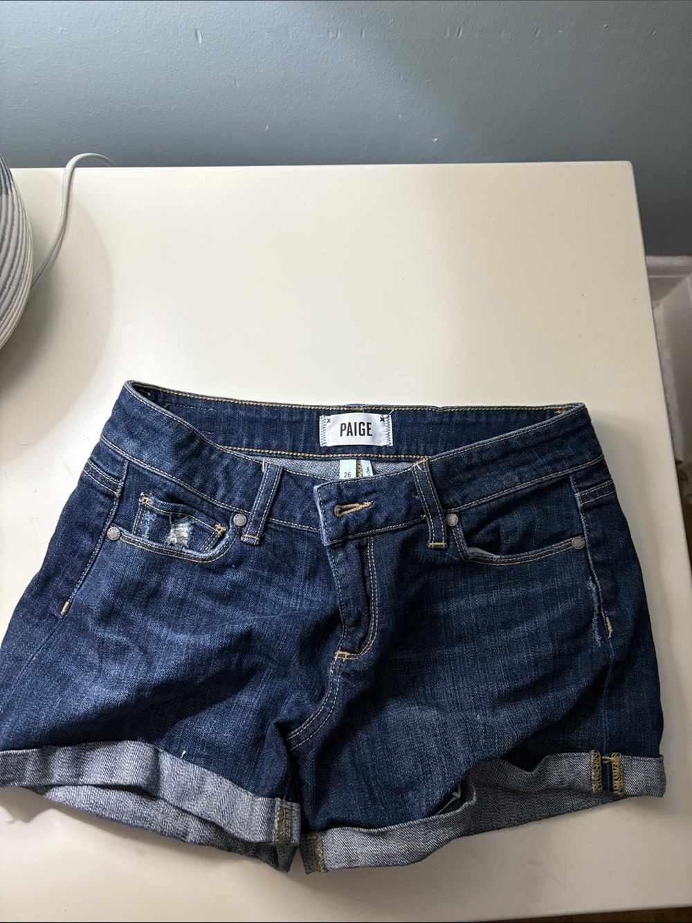 PAIGE Indigo Rolled Hem Denim Shorts
